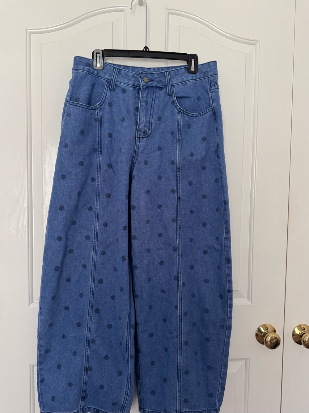 Blue denim barrel jeans with polka dots. Size 10/large. NWOT.